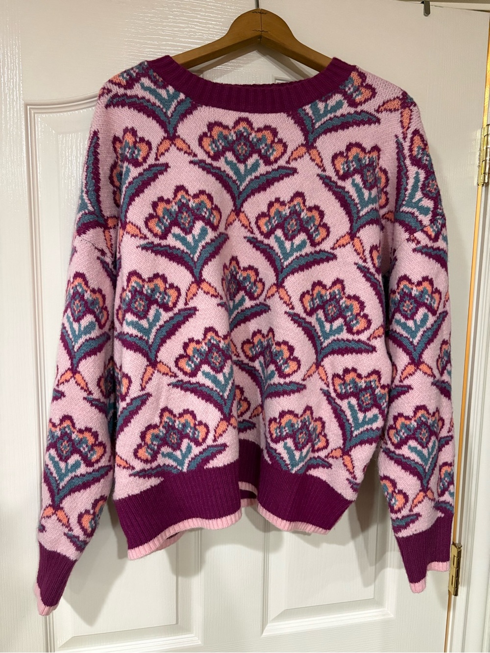 Pink Floral Crewneck Sweater with Purple Trim - &Merci